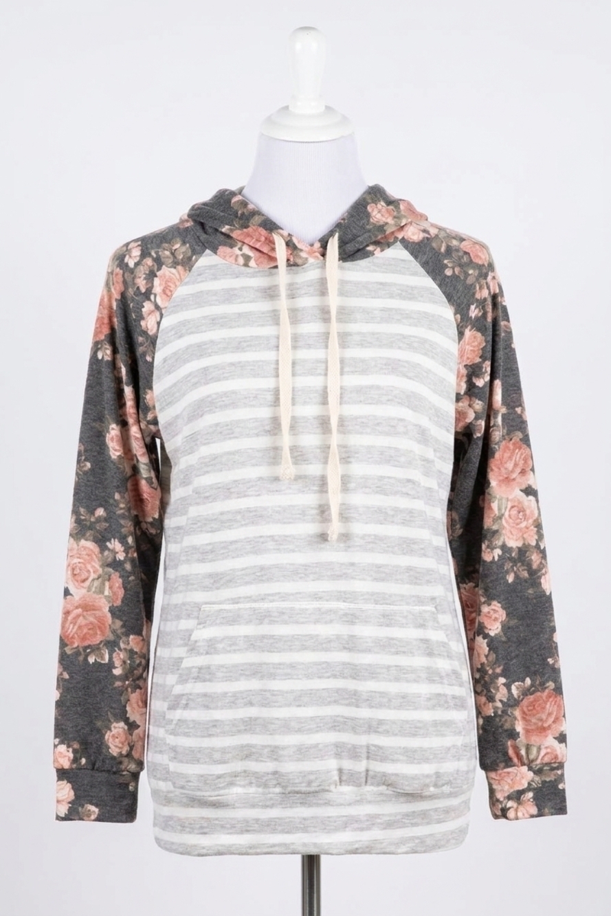NEW HEIMISH USA stripe hoodie in charcoal floral heather grey